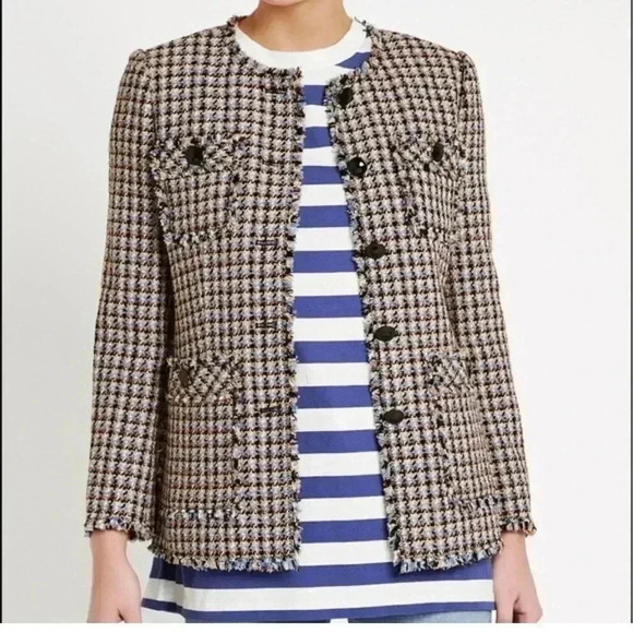 $525 REBECCA TAYLOR Houndstooth Tweed Four Pocket Robins Egg Black Jacket - Picture 3 of 10